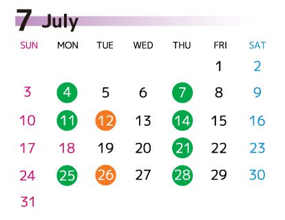 7月のヨガクラスのカレンダー